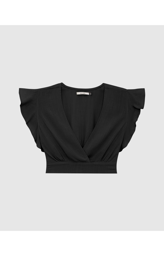 Blusa Long Cropped Feminina Decote V E Manga Babados Em Viscose
