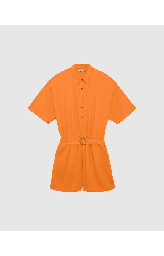 Macaquinho Feminino Plus Size Gola Camisa Com Cinto Em Viscolinho