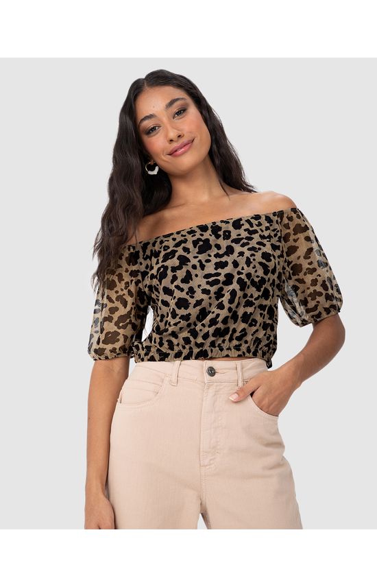 Blusa Feminina Animal Print Decote Ombro A Ombro Em Tule