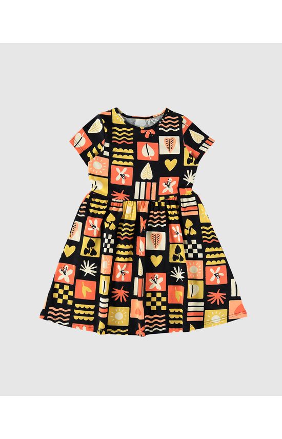 Vestido Infantil Evasê Manga Curta Estampado Em Algodão Malwee Kids