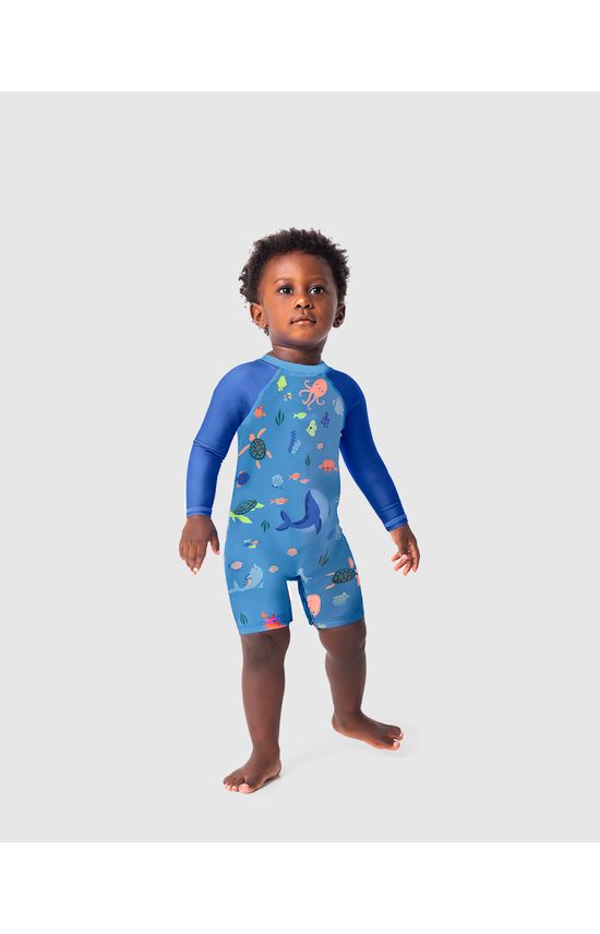 Macacão Praia Infantil Unissex Estampado Em Malha UV50+ Malwee Kids