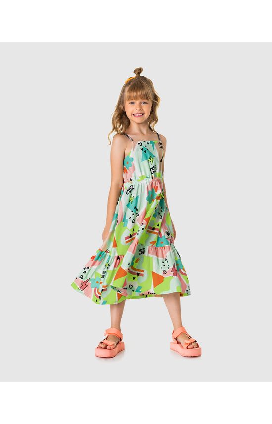 Vestido Infantil Midi Estampado Alça Fina Em Viscolinho Malwee Kids