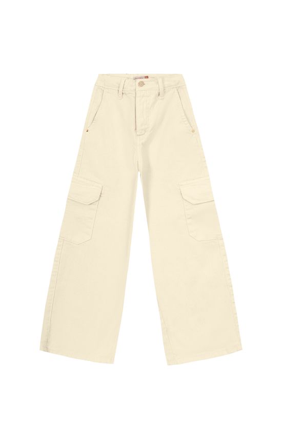 Calça Menina Wide Leg Bolso Cargo Em Sarja Com Elastano Carinhoso