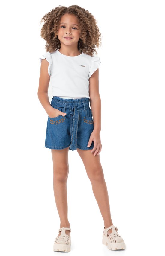 Conjunto Menina Shorts Com Cinto Faixa Em Jeans Leve - Carinhoso