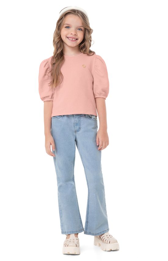 Calça Menina Flare Cintura Média Em Jeans Com Elastano - Carinhoso