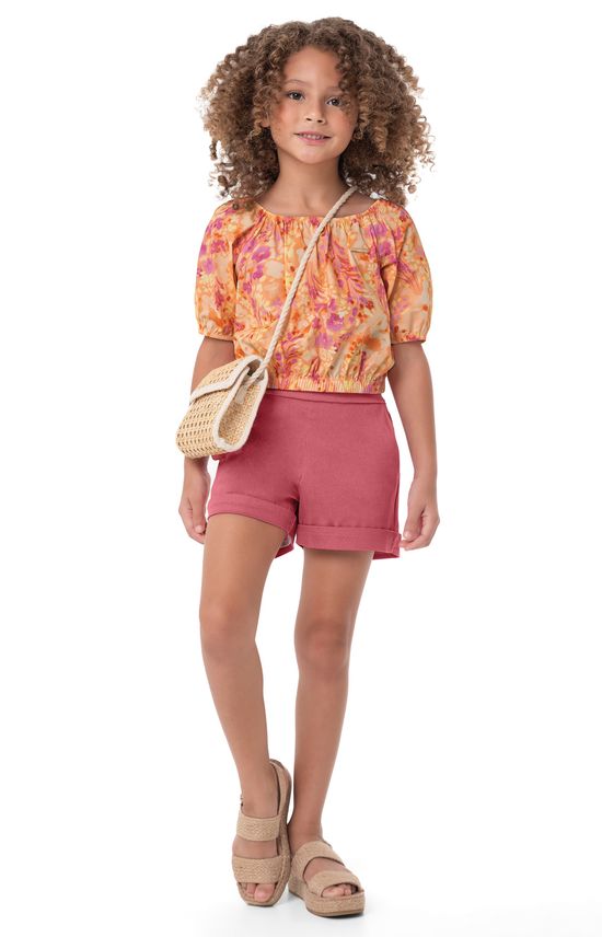 Conjunto Menina Blusa Cropped Estampada Em Algodão Stretch - Carinhoso