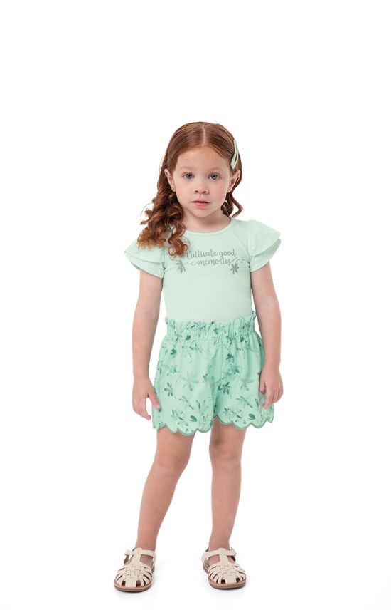 Conjunto Menina Shorts Bordado Laser Em Algodão Texturizado - Carinhoso
