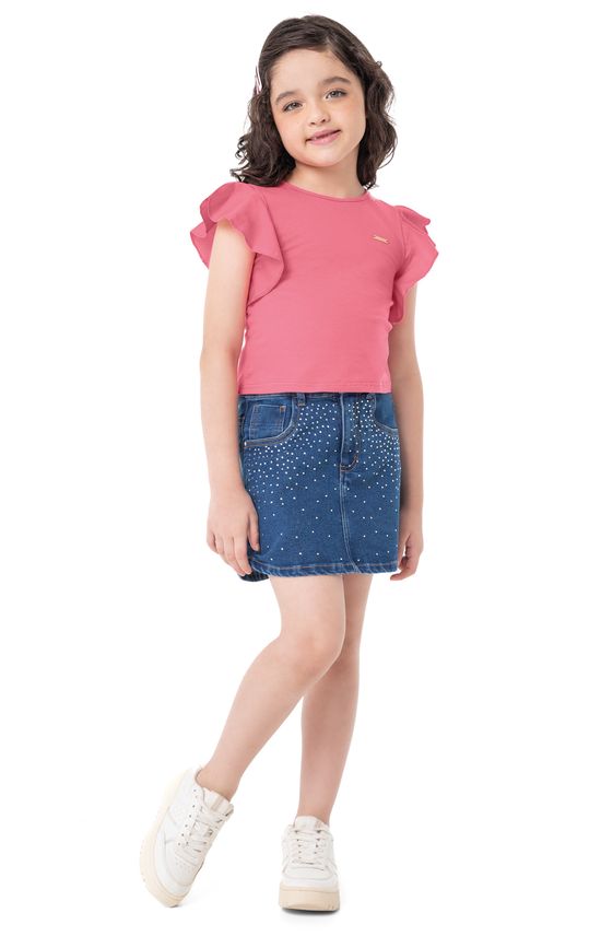 Blusa Menina Cropped Manga Babado Em Algodão Stretch - Carinhoso