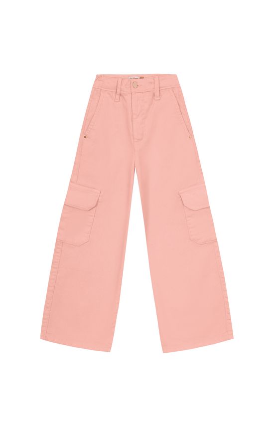 Calça Menina Wide Leg Bolso Cargo Em Sarja Com Elastano Carinhoso