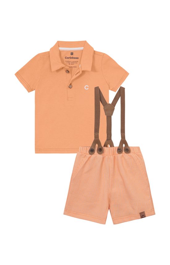 Conjunto Menino Bermuda Em Malha Canelada Listrada - Carinhoso