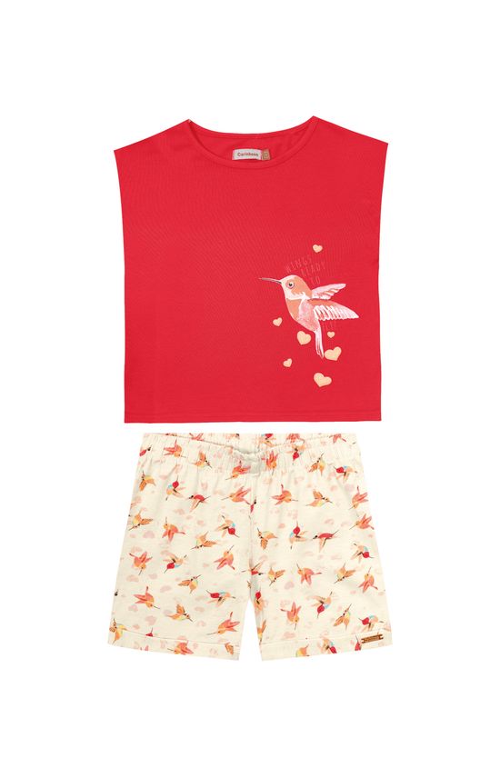 Conjunto Menina Shorts Estampado Em Algodão - Carinhoso