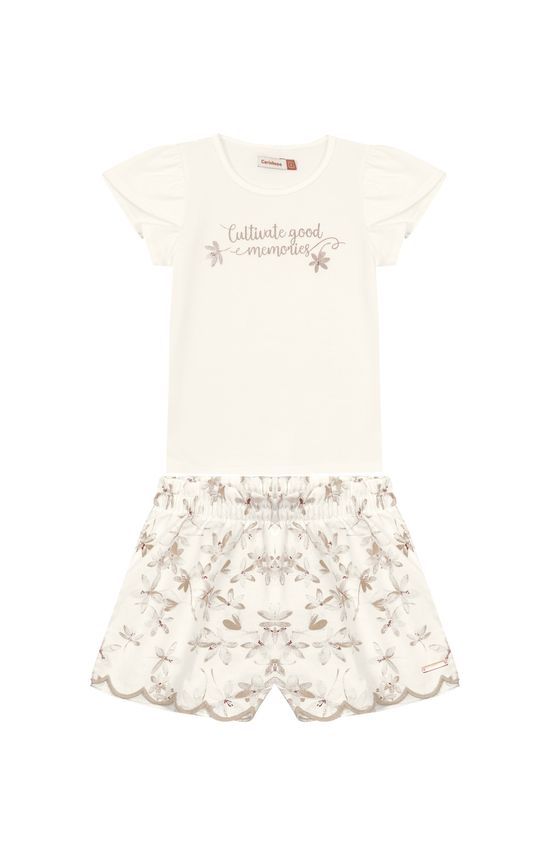 Conjunto Menina Shorts Bordado Laser Em Algodão Texturizado - Carinhoso