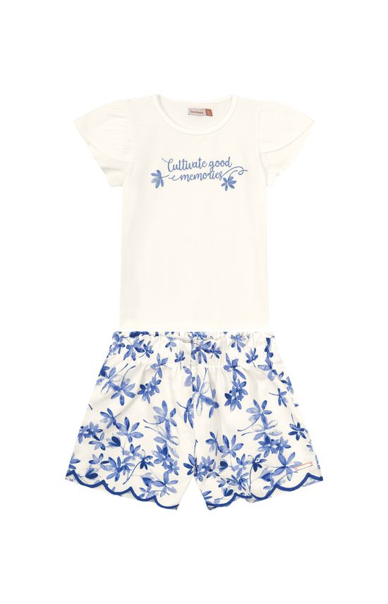 Conjunto Menina Shorts Bordado Laser Em Algodão Texturizado - Carinhoso