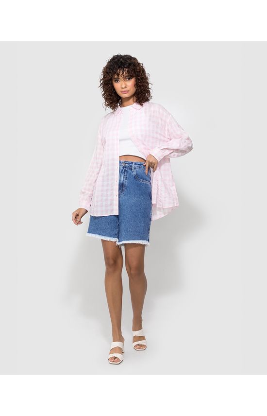 Camisa Feminina Ampla Manga Longa Estampa Quadriculada - ENFIM