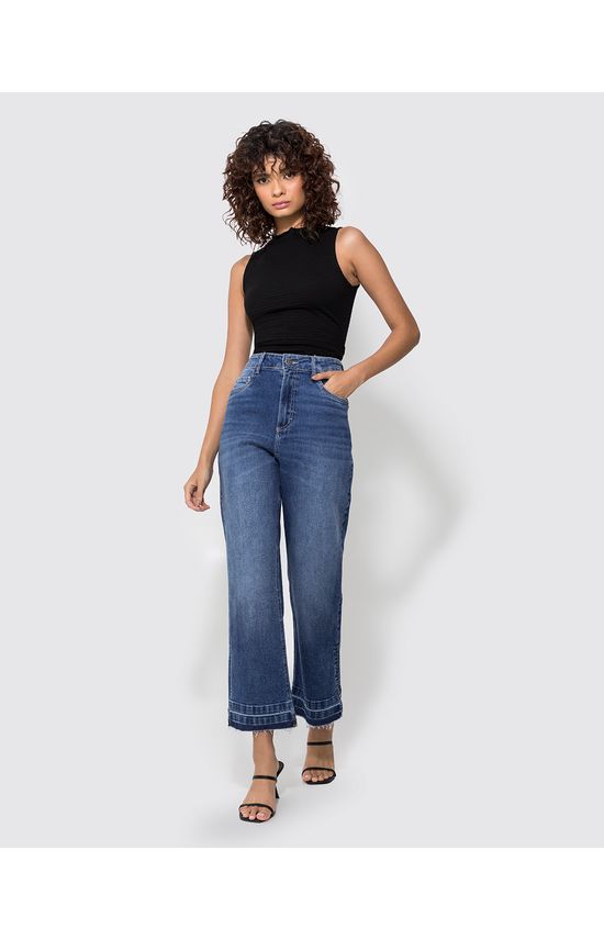 Calça Feminina Reta Cropped Barra Desfiada Em Jeans Com Elastano - ENFIM