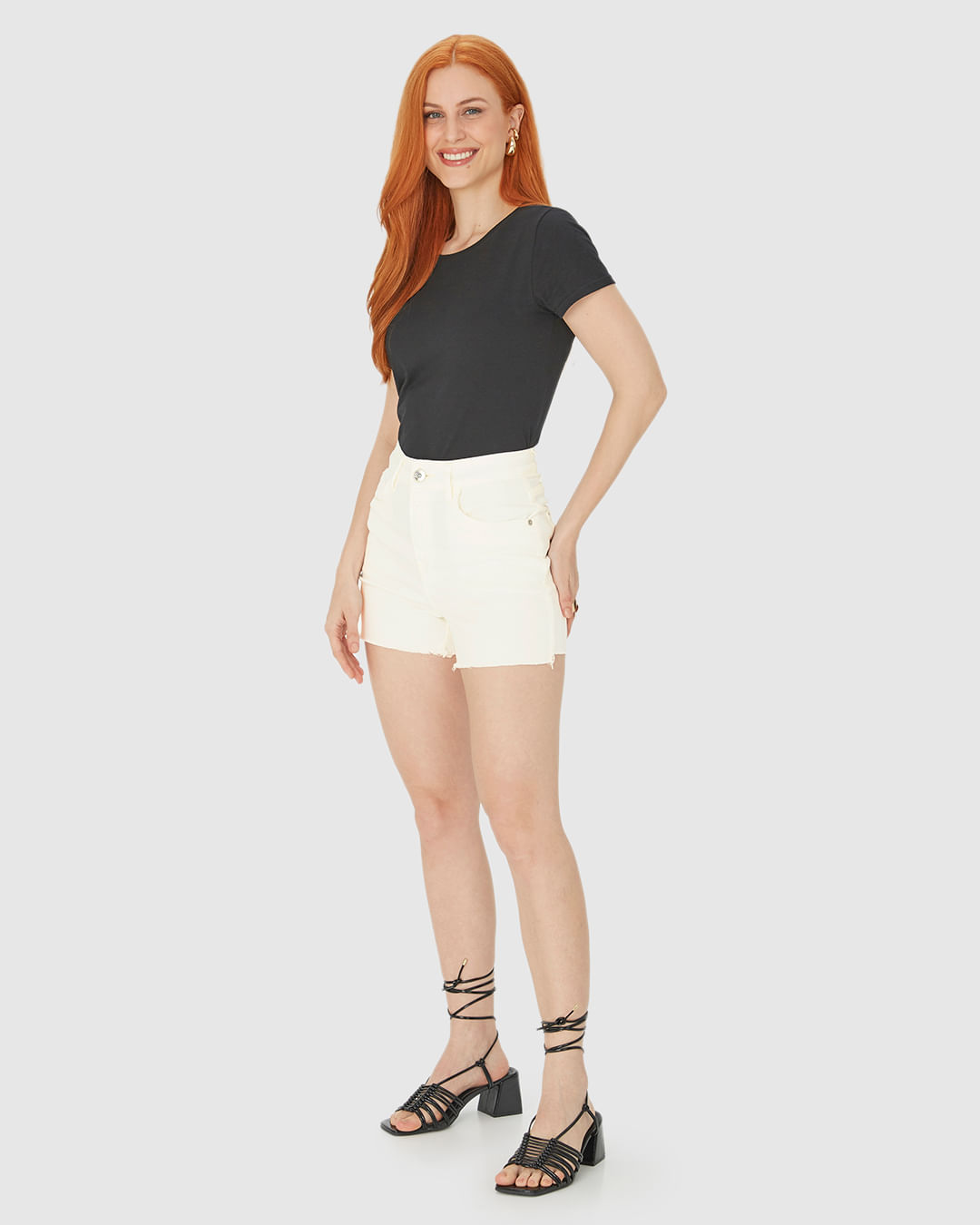 Shorts Feminino Cintura Alta Em Sarja Com Elastano - Imagem 7