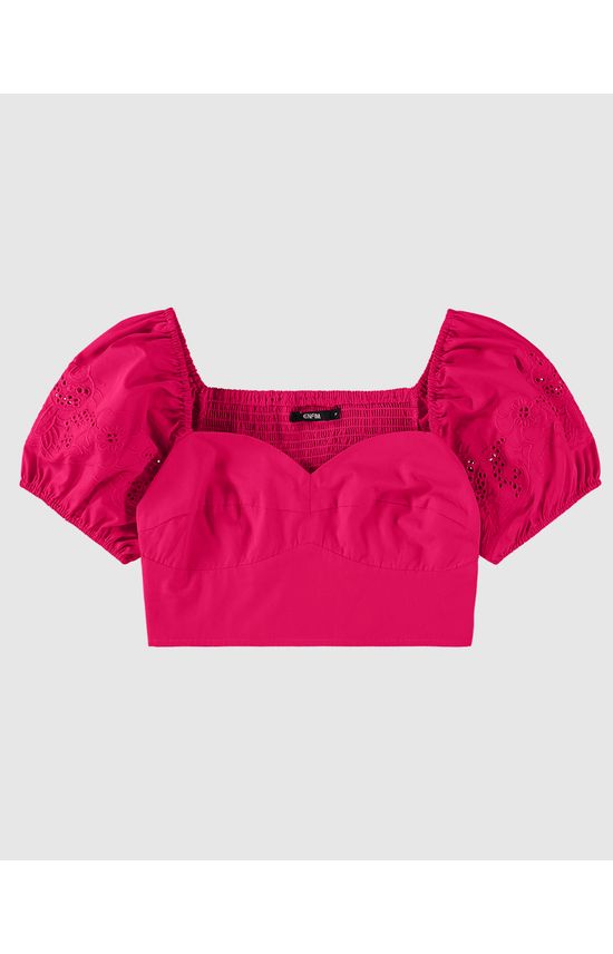 Blusa Cropped Feminina Manga Com Bordado Em Tricoline - ENFIM
