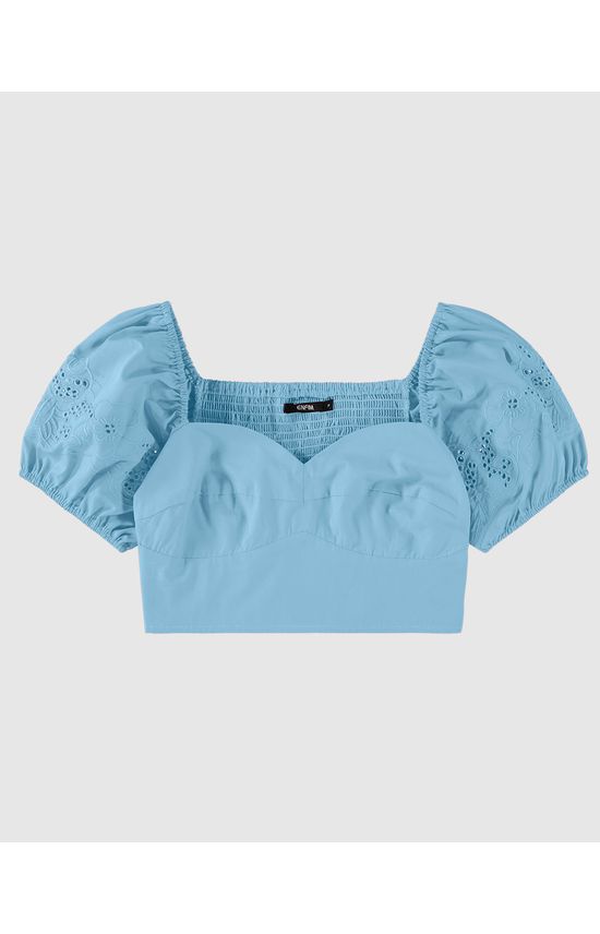 Blusa Cropped Feminina Manga Com Bordado Em Tricoline - ENFIM