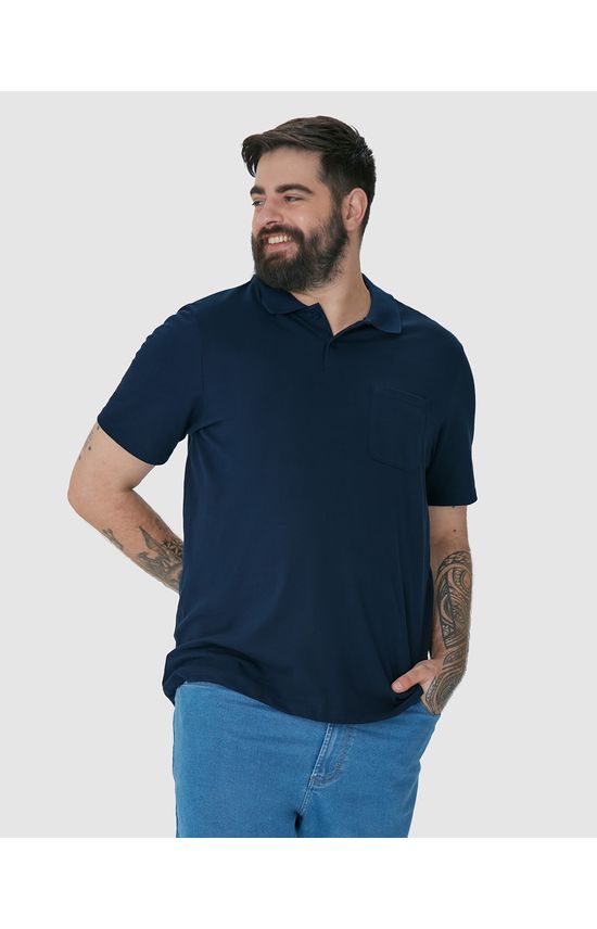 Camisa Polo Básica Masculina Plus Size Bolso Frontal Em Piquet Stretch