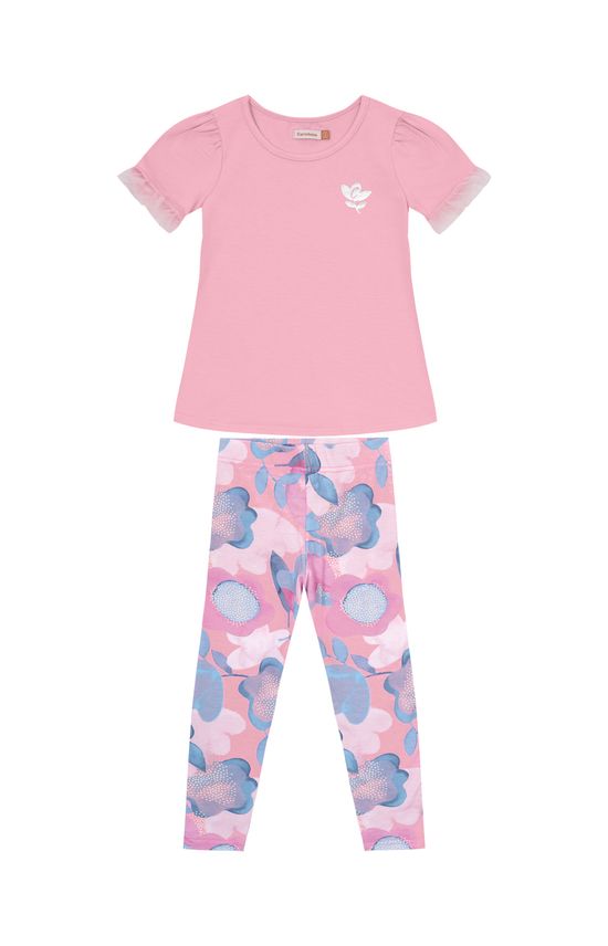Conjunto Menina Blusa Manga Tule Em Algodão - Carinhoso