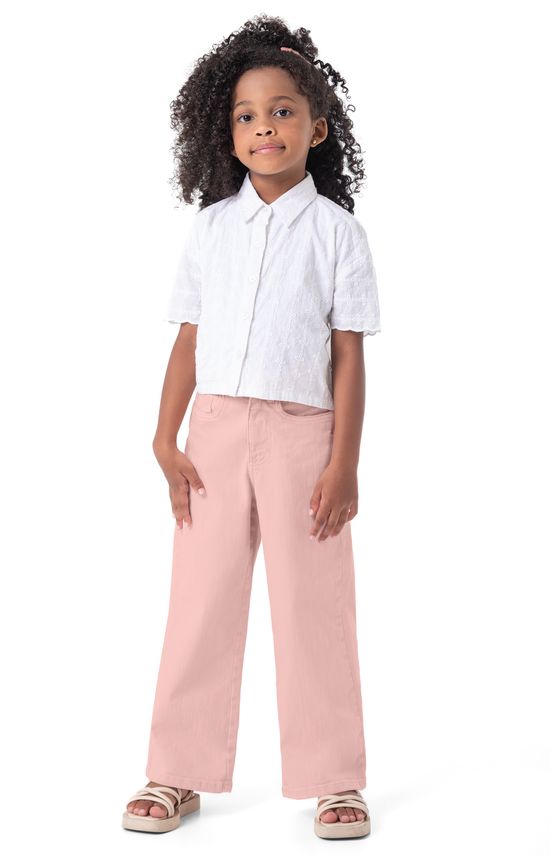 Calça Menina Wide Leg Bolso Cintura Média Em Sarja Com Elastano - Carinhoso
