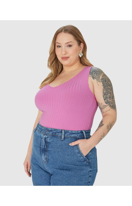Regata Básica Feminina Plus Size Decote V Em Canelado De Viscose