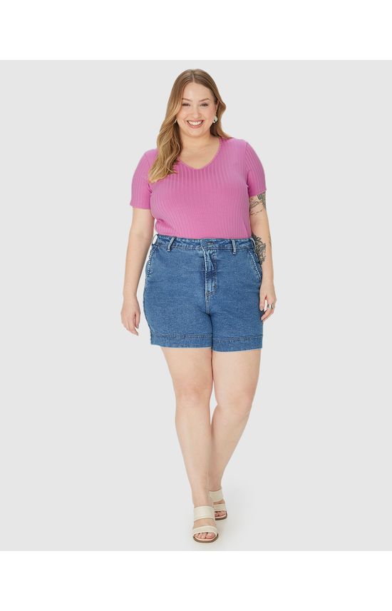 Blusa Básica Feminina Plus Size Decote V Em Canelado De Viscose