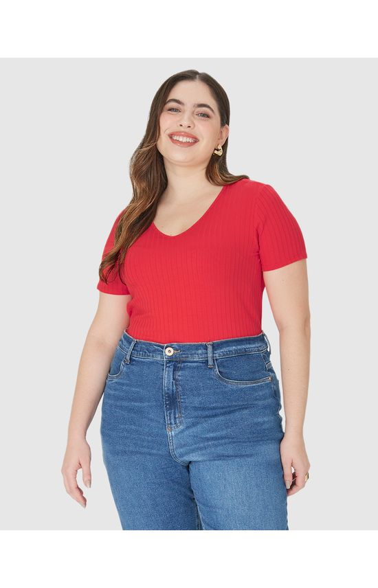 Blusa Básica Feminina Plus Size Decote V Em Canelado De Viscose