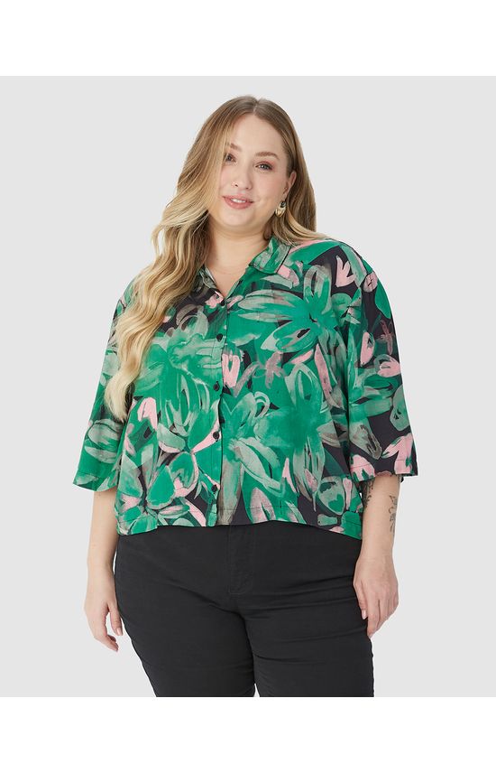 Camisa Feminina Plus Size Estampa Folhagem Em Viscose