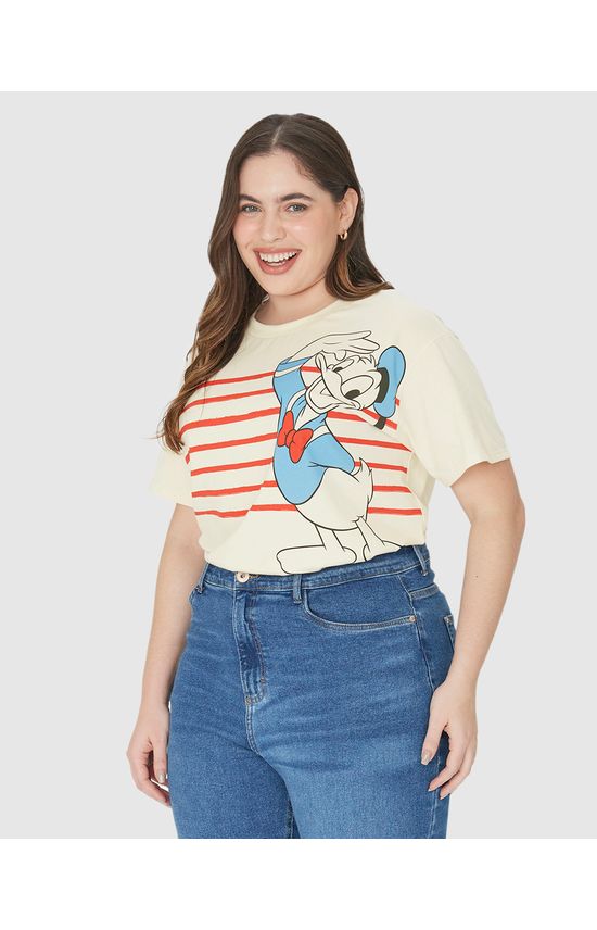 Camiseta Feminina Plus Size Listras Pato Donald Em Algodão