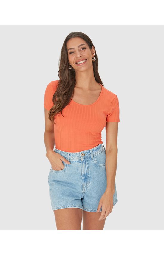 Blusa Básica Feminina Manga Curta Em Canelado De Viscose