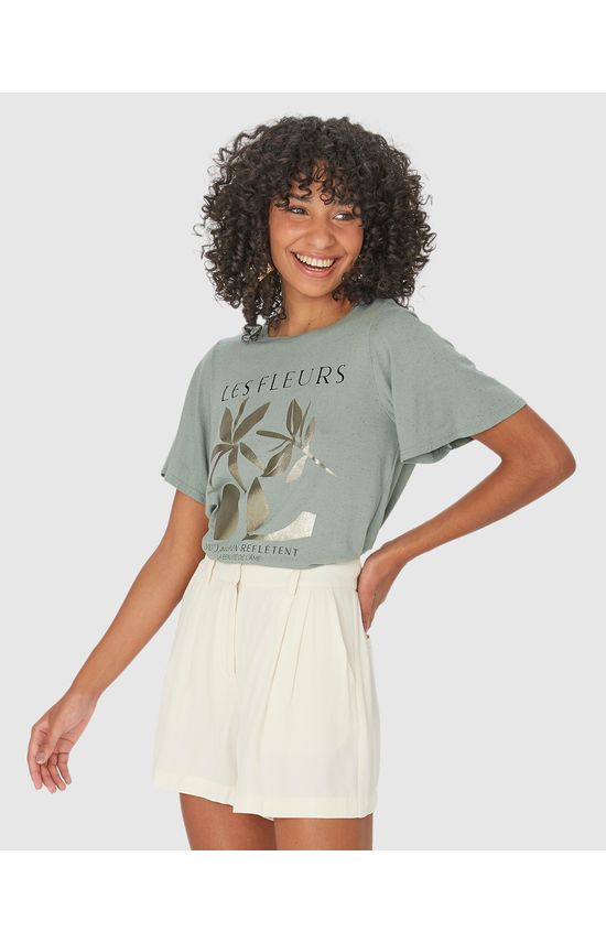 Camiseta Ampla Feminina Estampa Efeito Metalizado Em Algodão