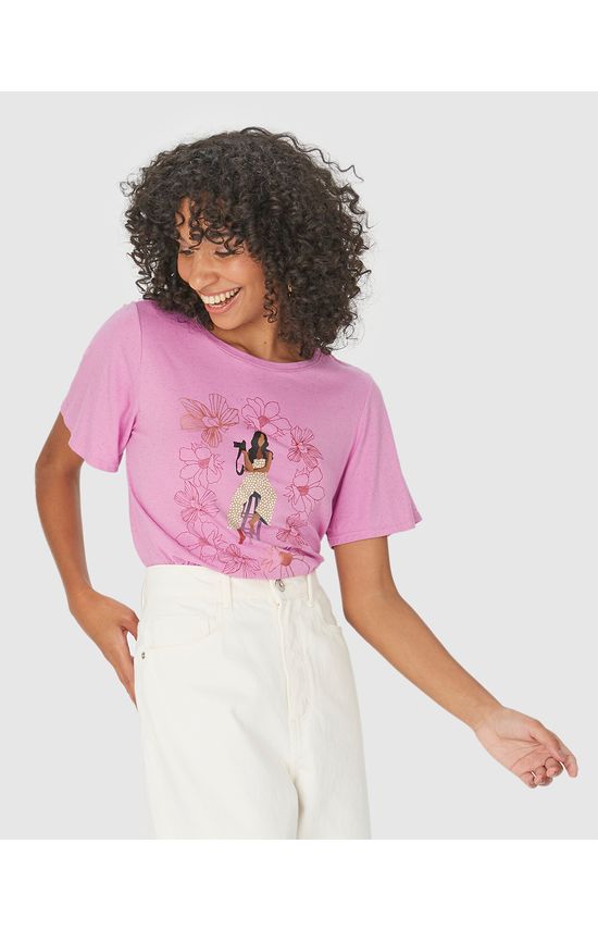 Camiseta Ampla Feminina Estampa Efeito Metalizado Em Algodão
