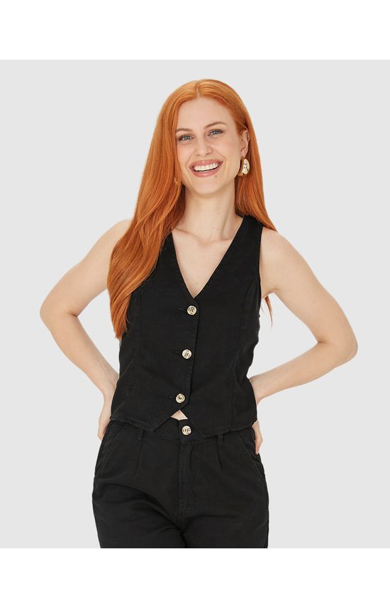 Colete Feminino Cropped Alfaiataria Em Sarja 100% Algodão
