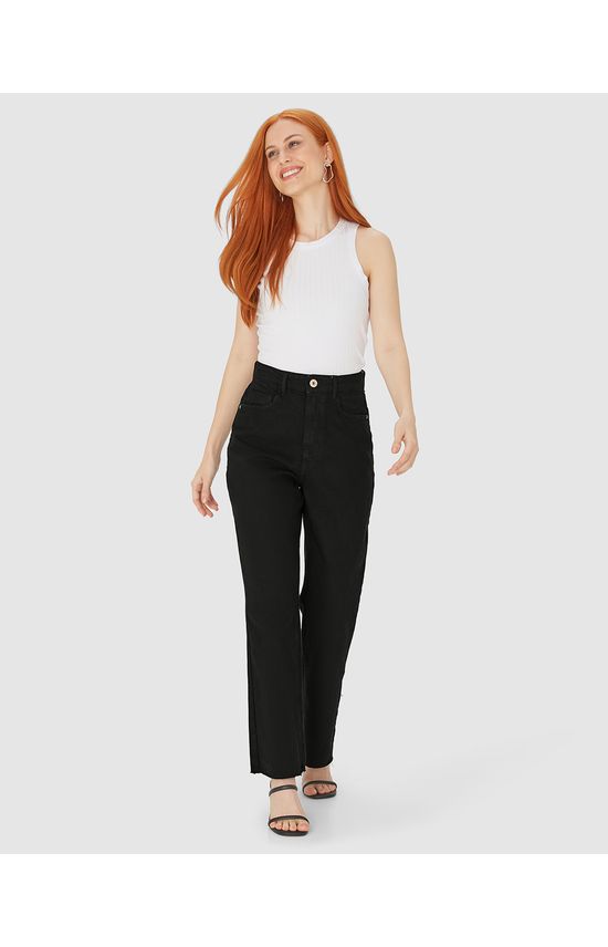 Calça Straight Cropped Feminina Barra Corte A Fio Em Sarja Com Elastano