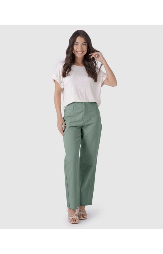 Calça Straight Cropped Feminina Barra Corte A Fio Em Sarja Com Elastano