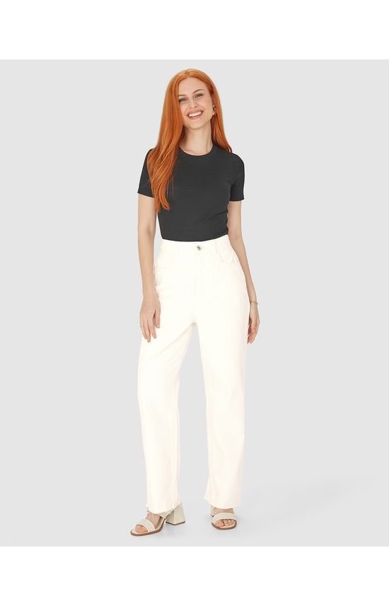 Calça Straight Cropped Feminina Barra Corte A Fio Em Sarja Com Elastano