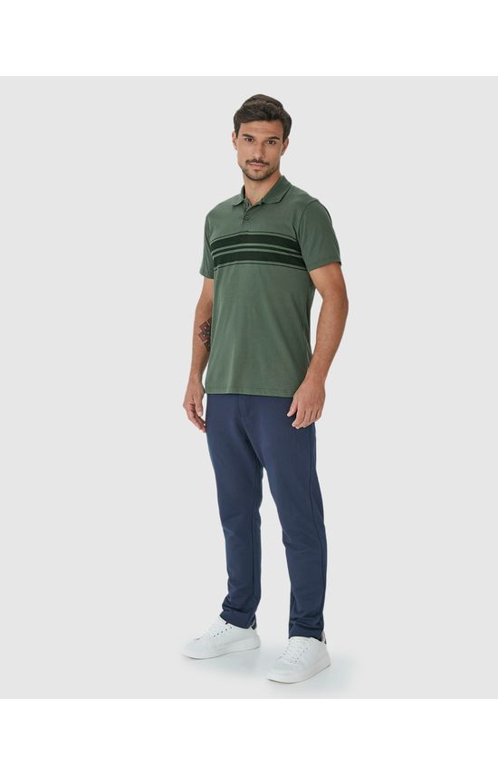 Camisa Polo Masculina Listras Frontais Em Algodão