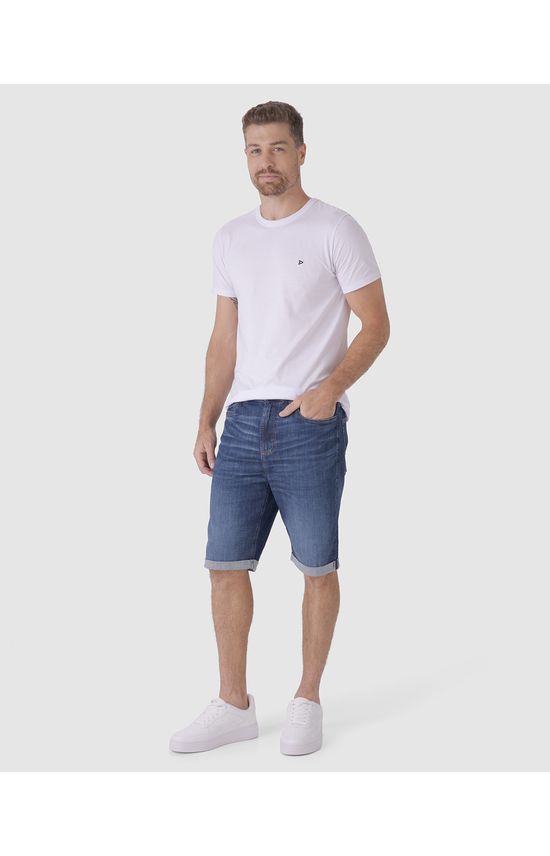 Bermuda Masculina Slim Barra Dobrada Em Jeans Com Elastano