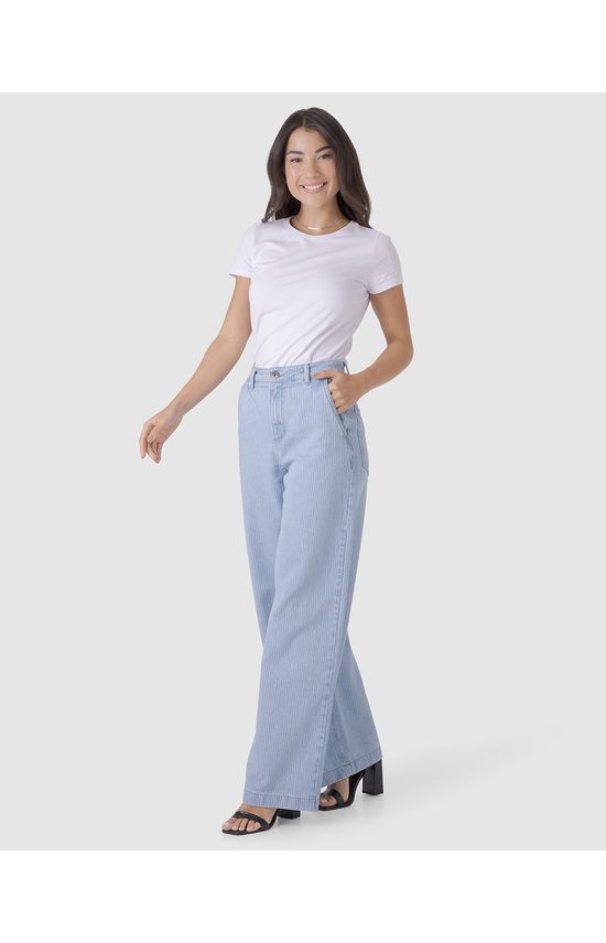 Calça Wide Leg Feminina Com Listras Em Jeans 100% Algodão