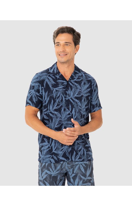Camisa Masculina Manga Curta Estampa Folhagem Em Viscose