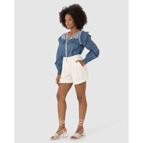 Camisa Feminina Manga Longa com Babados em Tricoline