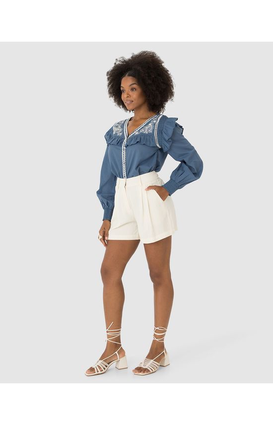 Camisa Feminina Manga Longa Com Babados Em Tricoline