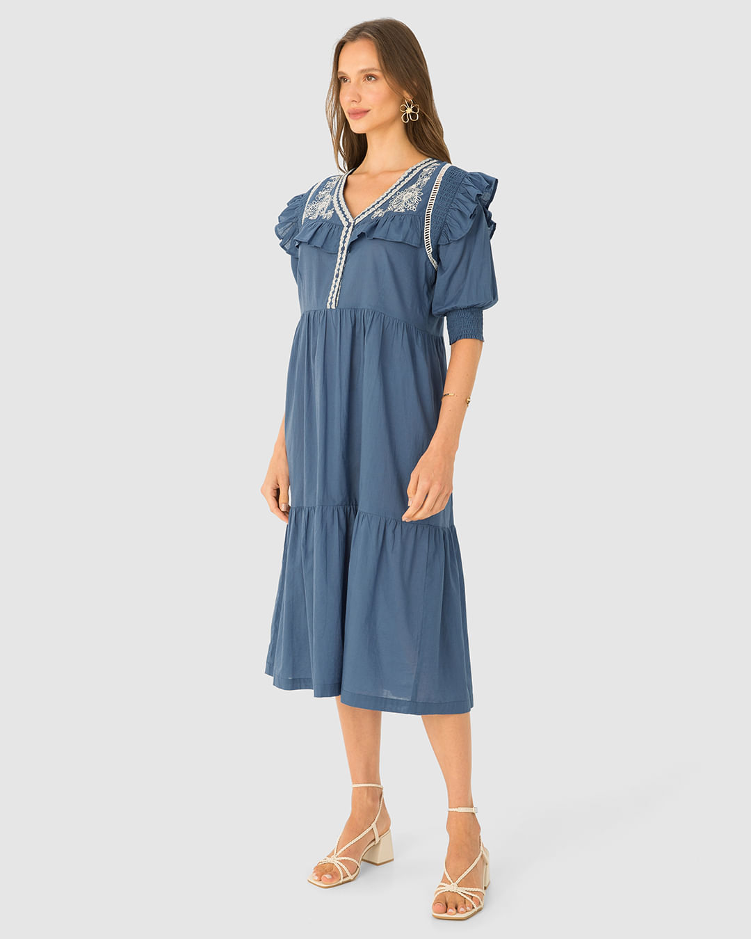 Vestido Midi Feminino Manga 3/4 Com Babados Em Tricoline