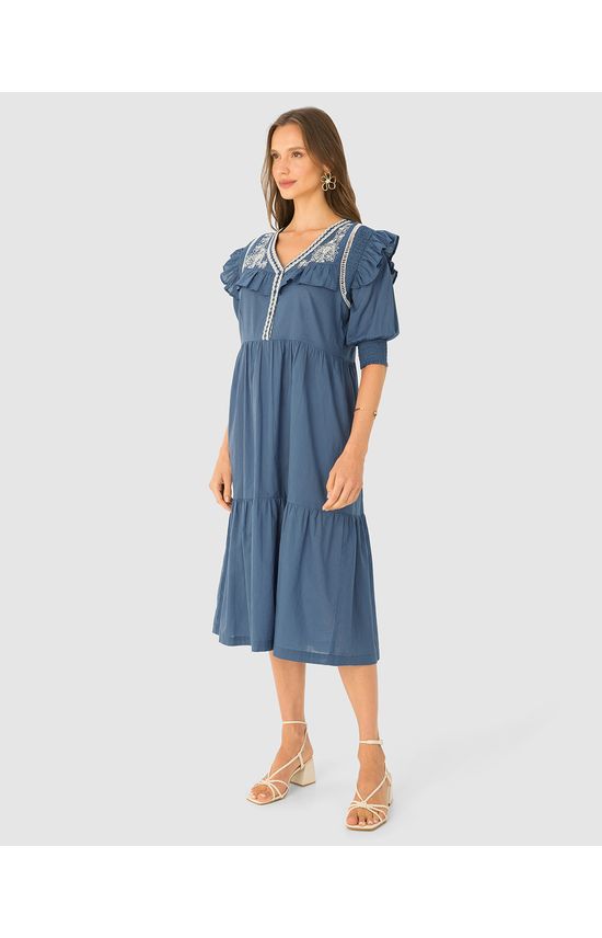 Vestido Midi Feminino Manga 3/4 Com Babados Em Tricoline