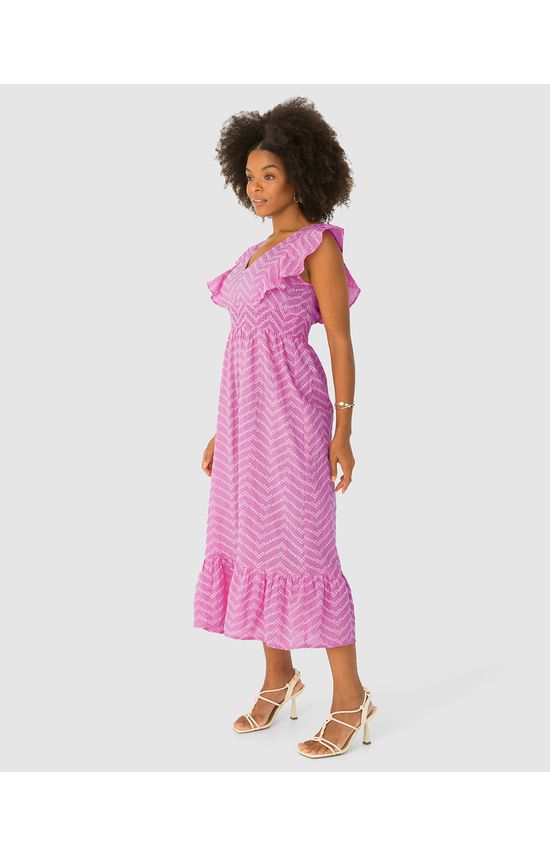 Vestido Midi Feminino Babado Frente E Costas Em Algodão Bordado