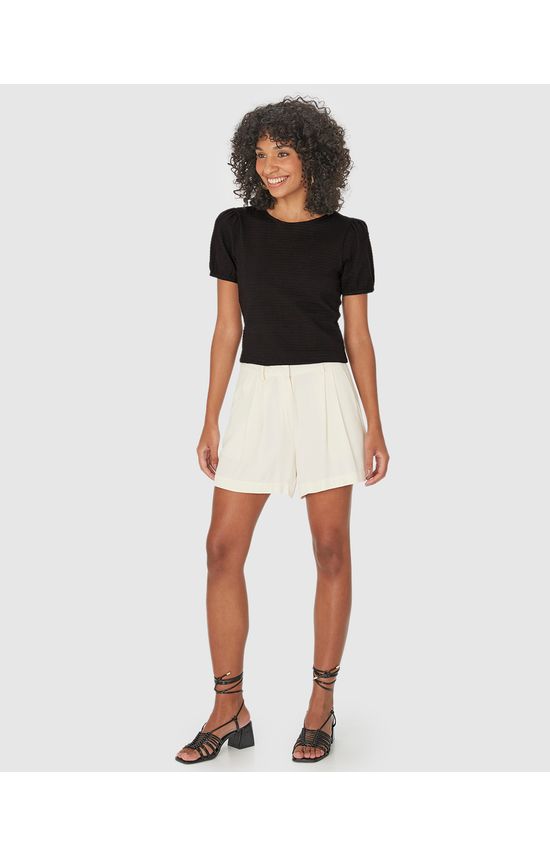 Blusa Long Cropped Feminina Manga Bufante Em Malha Texturizada