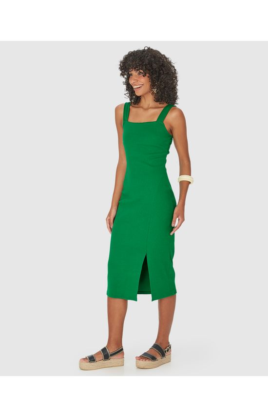 Vestido Midi Feminino Alça Larga Fenda Frontal Em Ribana