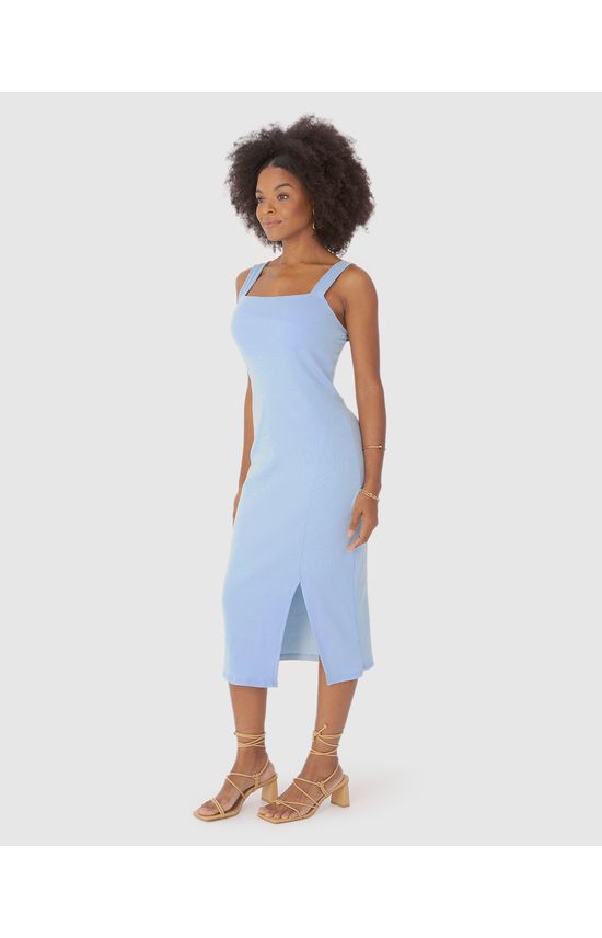 Vestido Midi Feminino Alça Larga Fenda Frontal Em Ribana