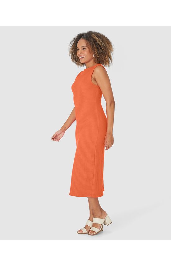 Vestido Midi Feminino Acinturado Fenda Posterior Em Malha Texturizada